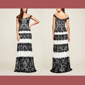 NWT $748 Tadashi Shoji Aubrianna Black/White‎ Lace Gown in Black [ SZ 4 ]